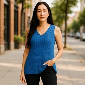 Vintage Y2K 2000s Axcess Blue Crochet Knit Tank Top Lined Boho Cottage Small